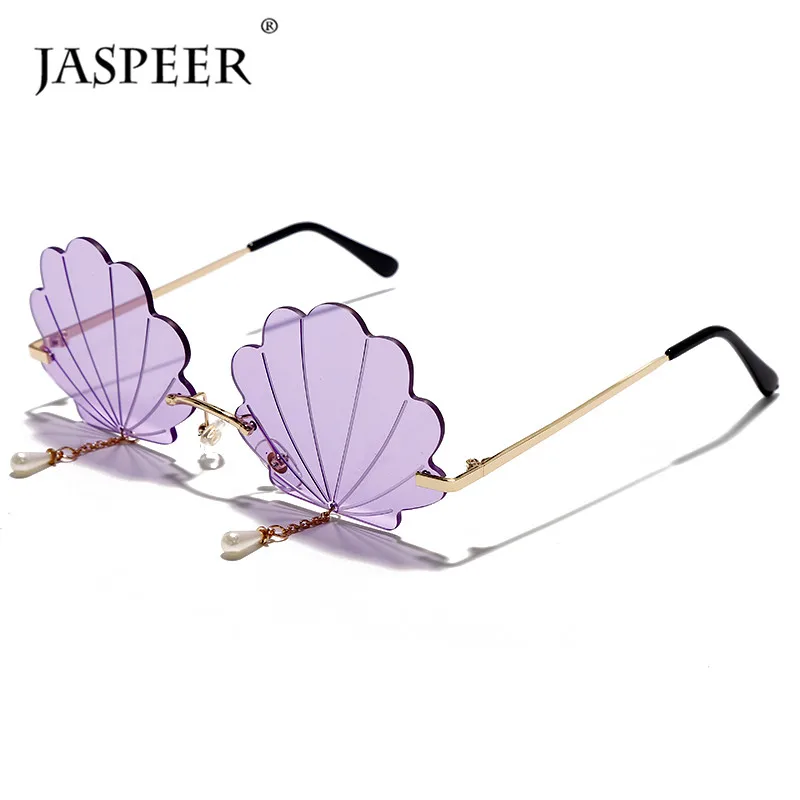 

JASPEER Trendy Shell Rimless Sunglasses Women Brand Designer Pearl Tassel Vintage UV400 Sun Glass Ladies Frameless Eyewear