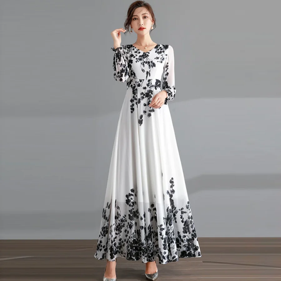 Comfortable Ink And Wash Print Chiffon Dress Women 2022 Summer New Temperament Slimming Long Swing Skirt Large Size S-3XL