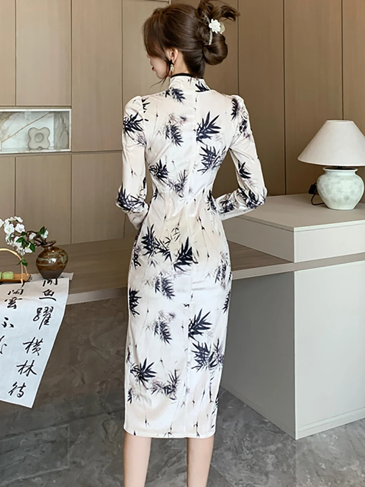 Женское бархатное платье с принтом элегантное винтажное облегающее в Корейском