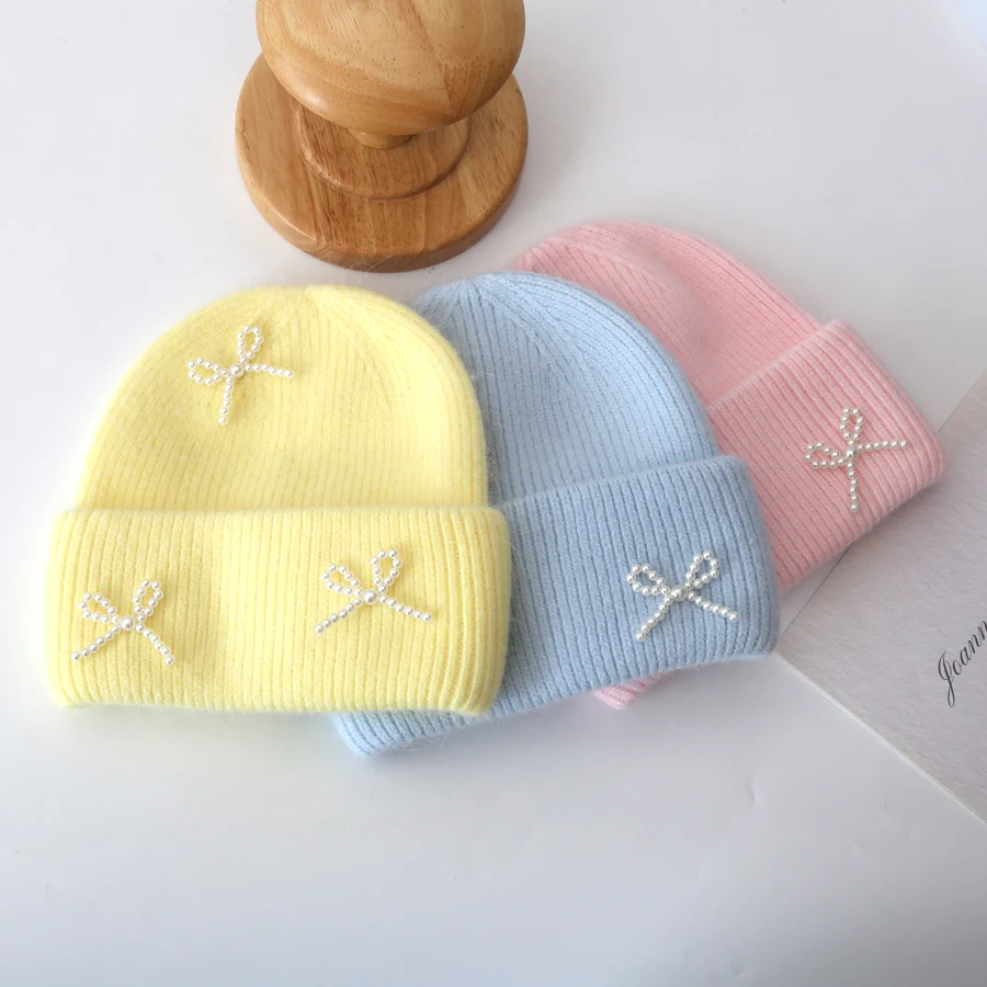 Новые корейские вязаные шапки с бантом и жемчугом зимняя шапка из Ангорского