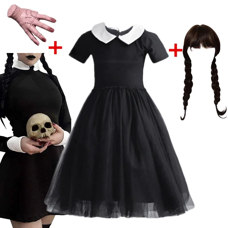 

Halloween Cosplay Wednesday Costume for Girl Kids White Collar Black Gothic Dress Carnival Party Dress Children Outfits 3-10 Yrs