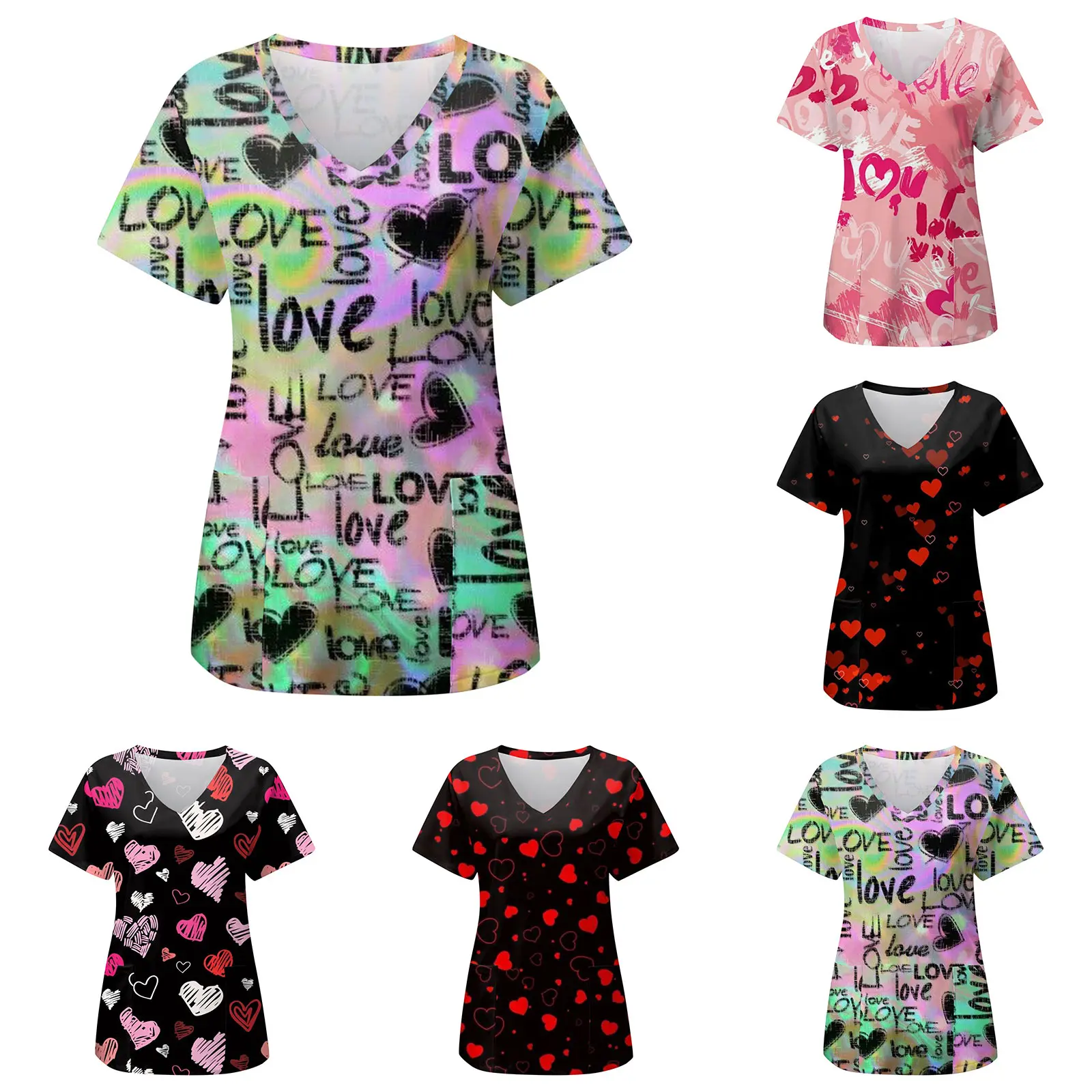 

Love Letter Print Nurse Uniform Scrub Women Valentine's Day Nursing Uniform Short Sleeve V-neck Top Working Uniform Blouse Shirt