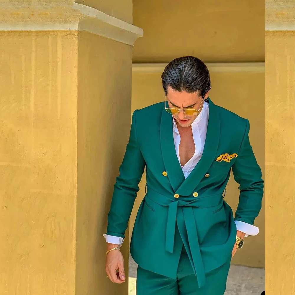 For Wedding With Belt 2 Pieces Double Breasted Formal Groom Travel Wear Jacket+pants Costume Homme