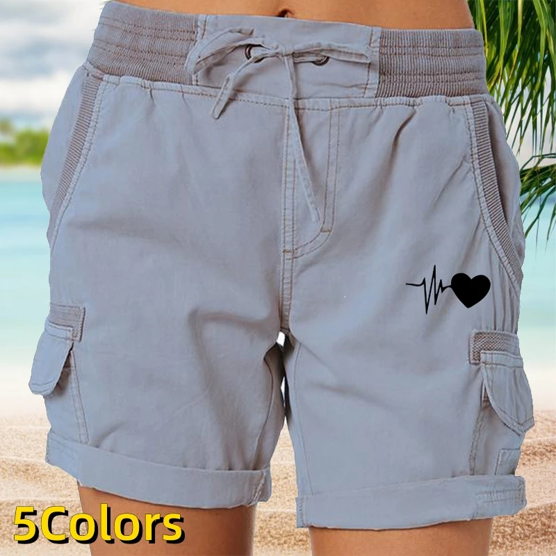 Fashion Women Casual Shorts Printed Summer Drawstring Elastic Waist Shorts with Pockets Beach Shorts Thin Plus Size Shorts