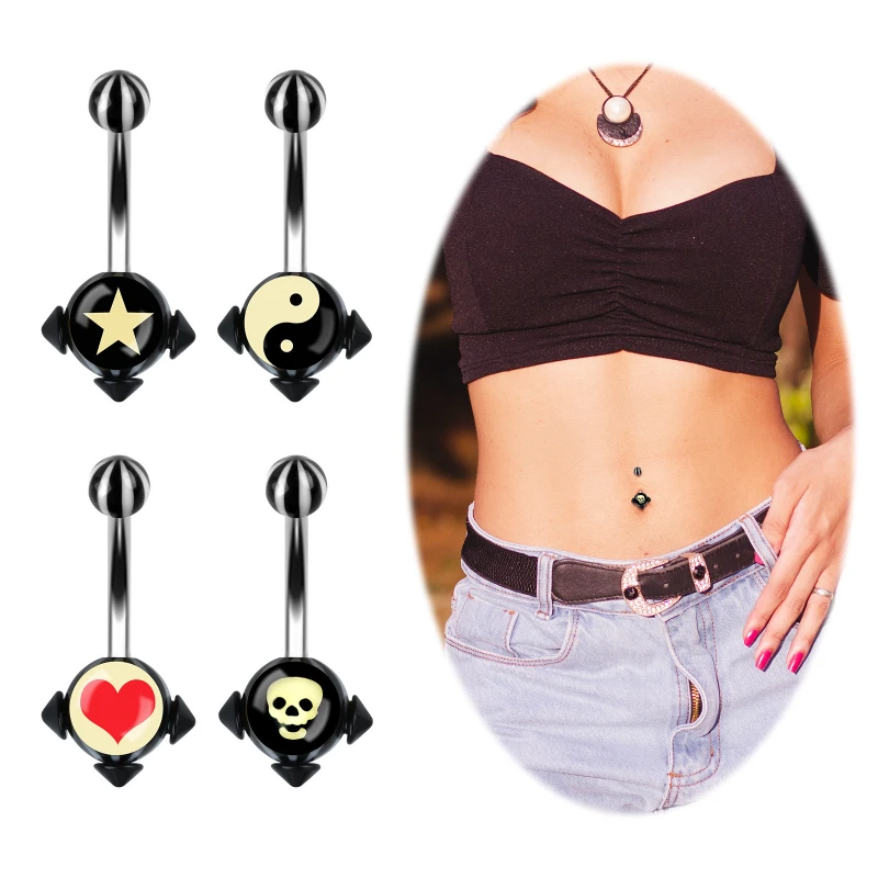 Эмалированное черно-белое кольцо Taichi в виде черепа пупка из нержавеющей стали