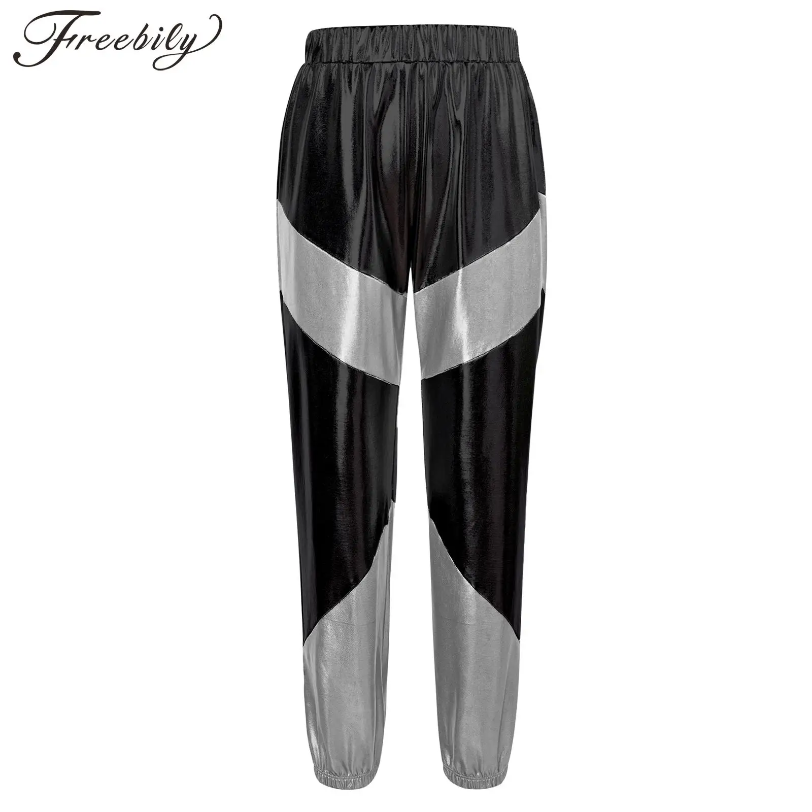 

Kids Girls Shiny Bronzing Cloth Pants Jazz Dance Costume Elastic Waistband Contrast Color Casual Trouser Performance Dancewear