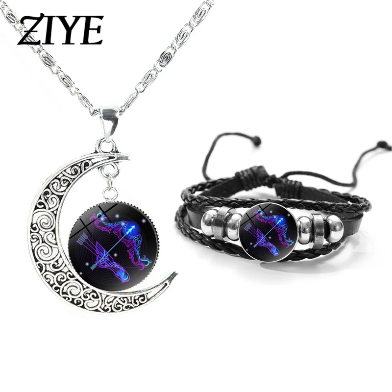 

Zodiac Signs Jewelry Set Astrological Animal Symbols Glass Dome Snap Button Leather Bracelet Moon Necklace Set Accessories Gifts