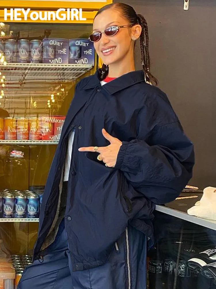 

HEYounGIRL Drawstring Thin Oversized Coats High Street Casual Fashion Basic Jackets Dark Blue Loose Sweat Overcoat Button Up 90s