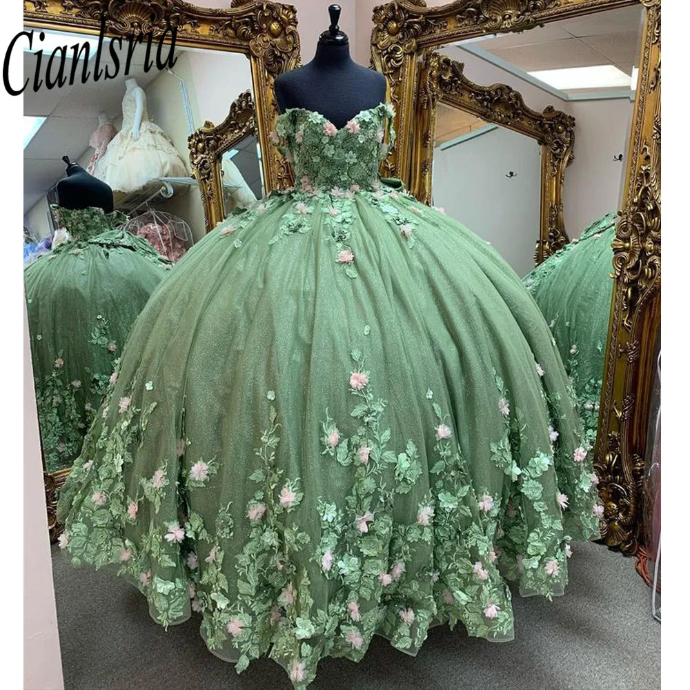 

Платье принцессы для Quinceanera 2023, женское платье с V-образным вырезом, конфетти 15 мятно-зеленого цвета, тюль с 3D цветами, роскошное платье для Quinceanera