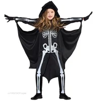 2022 New Halloween Children's Clothing Cloak Bat Cloak Witch Skeleton Cosplay Clothes Jumpsuit One Piece Kids Black Hooded Sets
