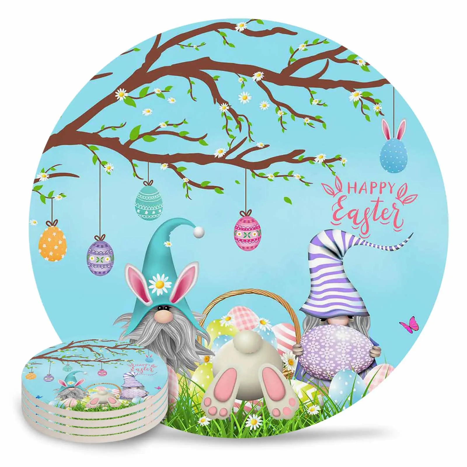 

Easter Egg Gnome Bunny Daisy Butterfly Coasters Set Home Decoration Accessories Tea Coffee Coaster Drink Mug Mat Table Placemat