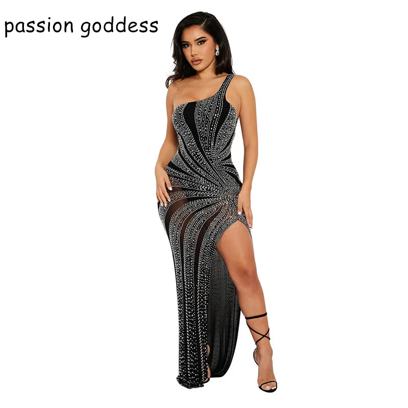 New Summer 2023 Women One Shoulder Sleeveless Sexy Long Mesh Diamonds Party Dress Split Bodycon Rhinestone Night Club Maxi Dress