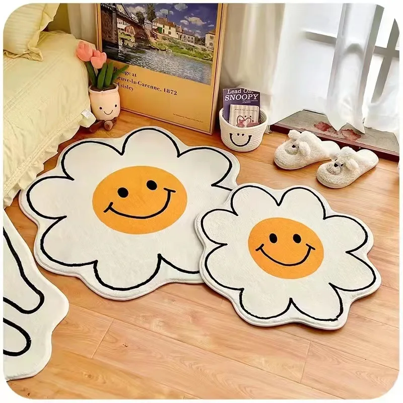 

Nordic Flower Rug Cartoon Decor Carpet Girls Living Room Bedroom Bedside Area Rug Ins Smiley Floor Mat Non-slip Bath Mat Tapis