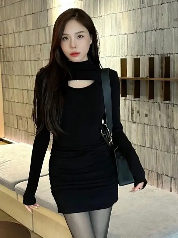Design Hollow-out Half-high Collar Fleece-lined Dress Women Autumn and Winter Gyaru Sexy Slim fit Slimming Sheath Short Skirt