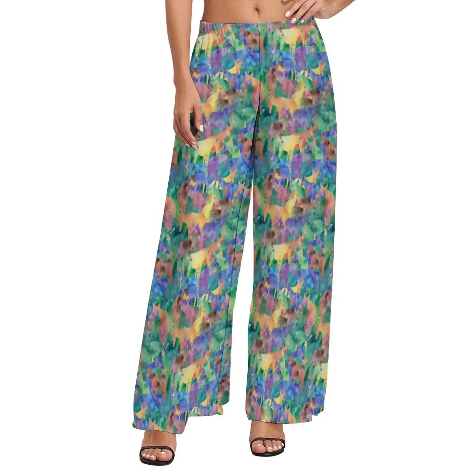

Colorful Forest Print Pants Abstract Animal Classic Wide Leg Pants Woman Oversized Beach Printed Straight Trousers