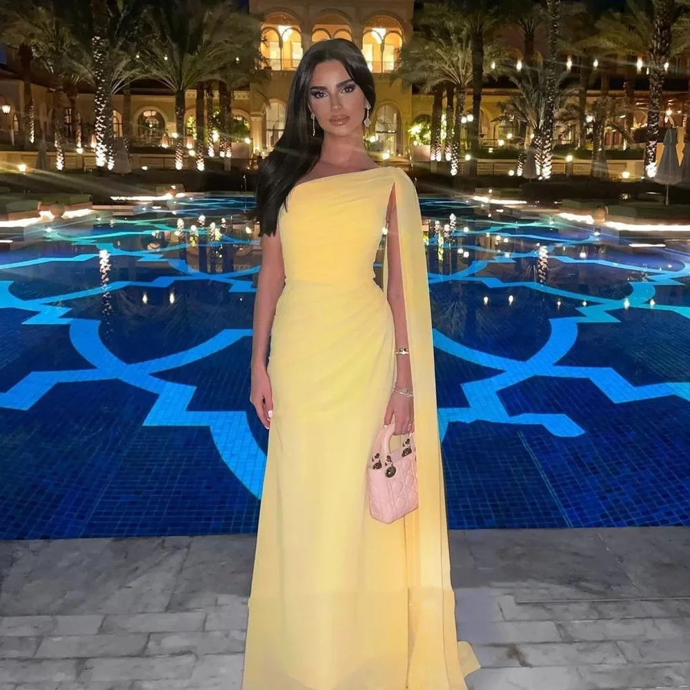 

Желтые шифоновые платья для выпускного вечера на одно плечо, платья-русалки для выпускного вечера, Официальные Вечерние платья до пола, женские платья в стиле Аравии