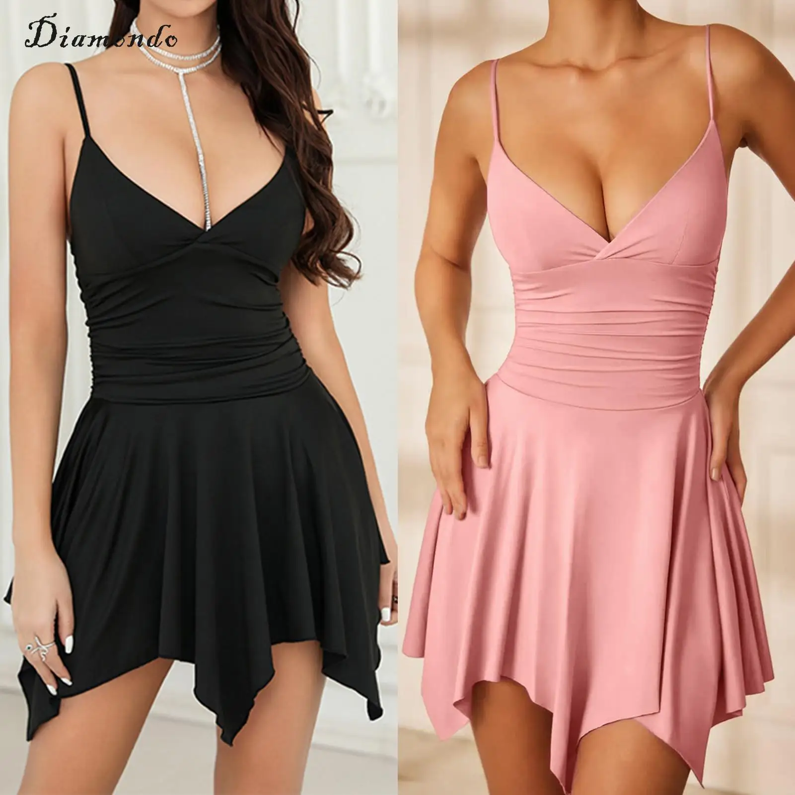 

Женское летнее платье на бретелях, однотонное женское облегающее короткое платье с глубоким v-образным вырезом, асимметричным краем, облегающий элегантный стиль, одежда для вечеринок