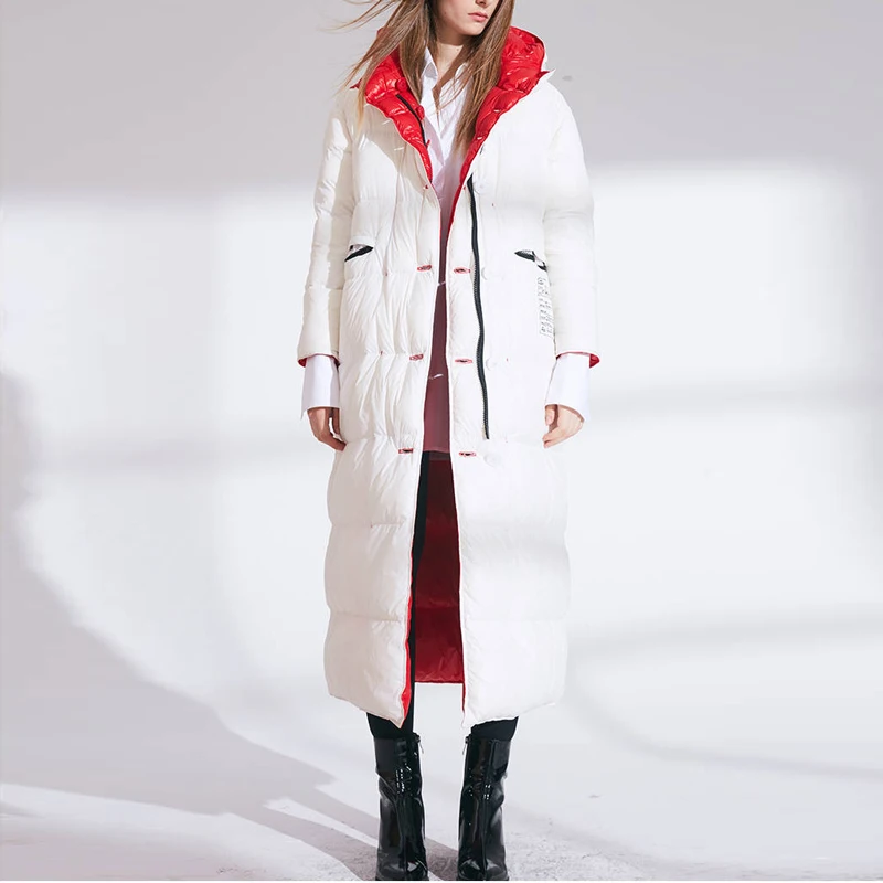 2023 Women Fashion Double Size Winter Warm Down Coat Lady Long 90% White Down Jacket Female Red Hooded Outwear