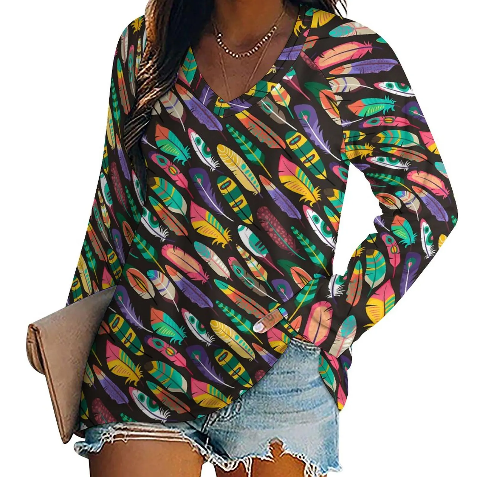 

Colorful Feather T Shirt Winter Yellow Green Street Wear T Shirts Long-Sleeve Trendy Tee Shirt Ladies Design Tees Big Size 5XL