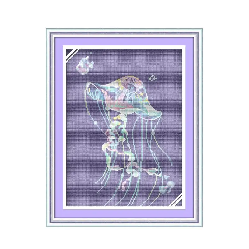 

Pretty Jellyfish Pattern DIY Cross Stitch Sits Embroidery Aida 14CT 11CT White Cloth Printing Needle Thread Set Home Decor Gifts