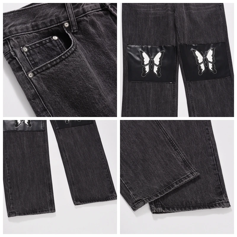 Butterfly Leather Embroidery Straight Denim Jeans Black Washed Patchwork Casual Distressed Jeans Pants Men Streetwear Hip Hop