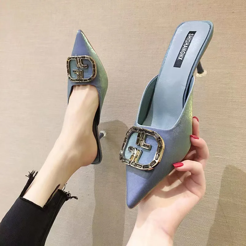 

Women's shoes 2022 summer new spring autumn fashion sandals outside wear pointed metal decoration stiletto mules women slippers
