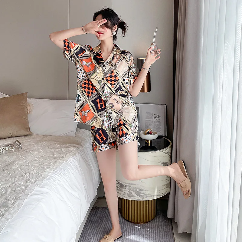 New pajamas women's ice silk short-sleeved shorts large size thin section simple loose can be worn outside the home clothes suit