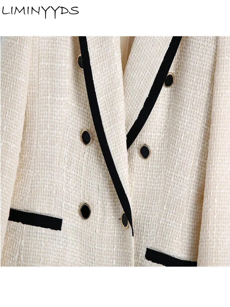 2023  New Women Fashion Double Breasted Tweed Blazer Coat Vintage Long Sleeve Pockets Female Outerwear Chic Jacket