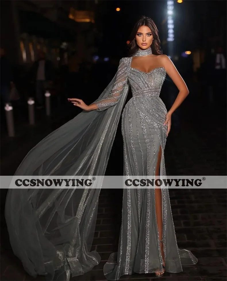 

Tulle Appliques Beaded One Shoulder Evening Dresses Sexy Mermaid High Slit Prom Dress Women Formal Party Gown Robes De Soirée
