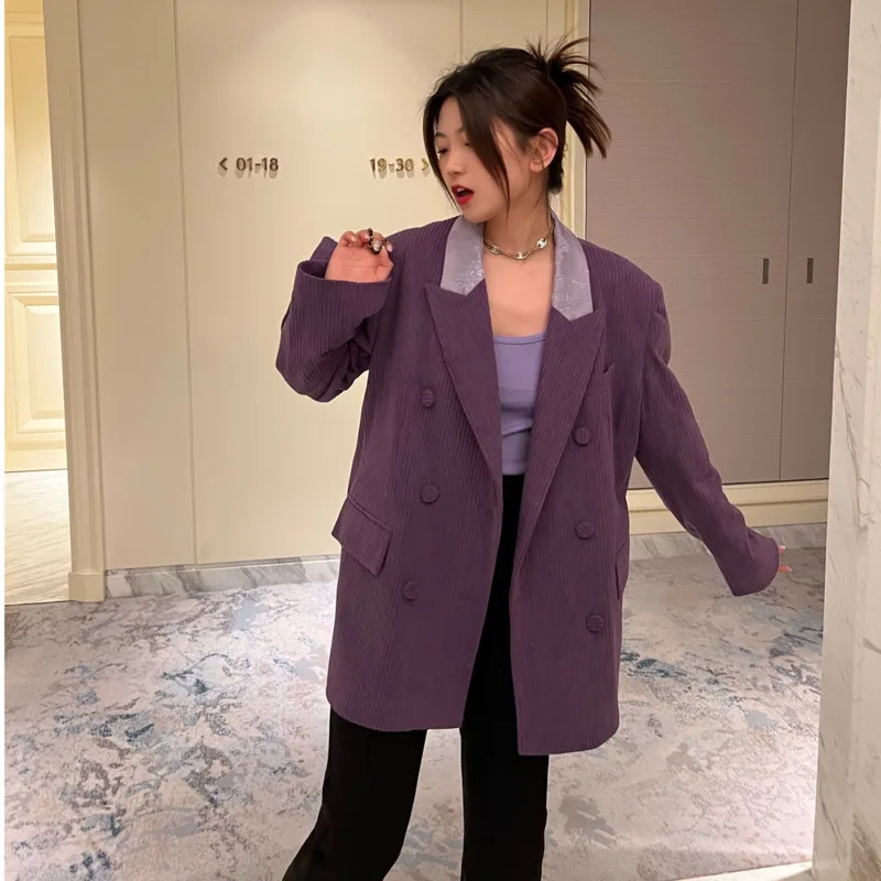 

2022 Spring Suit Coat Women's Retro Double Breasted Loose Long Sleeved Corduroy Blazer Stitched Jacquard Collar Casacos Feminino