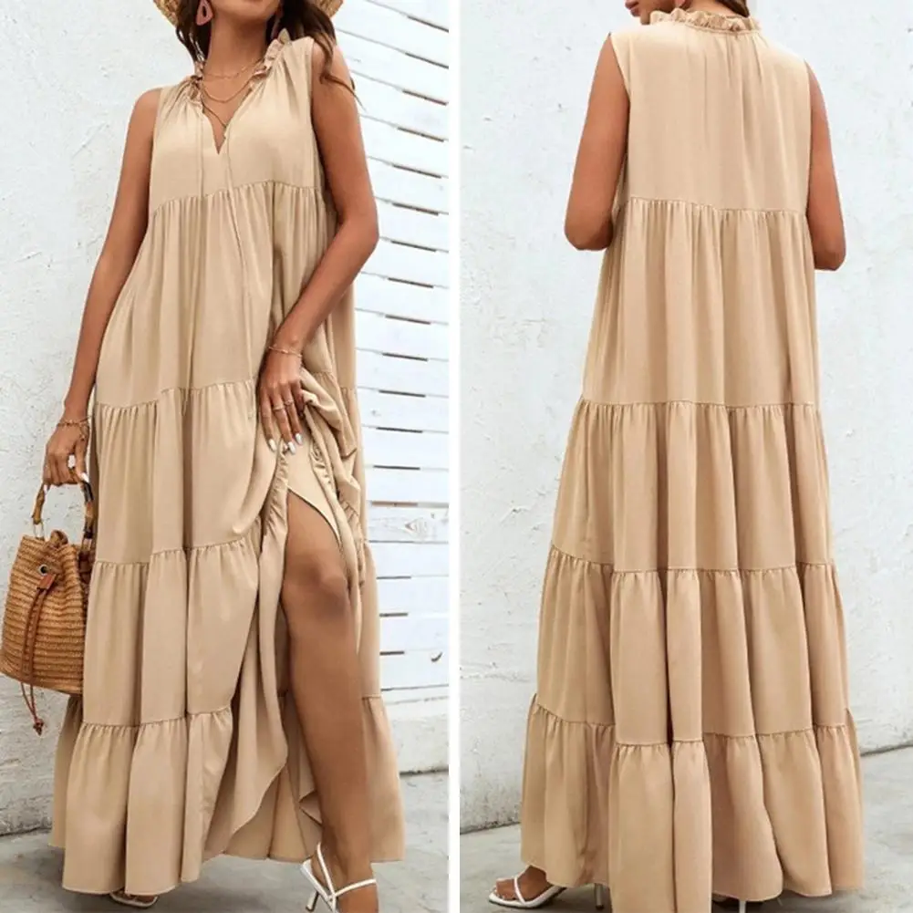 

Dress For Women Ruffle Collar V-Neck Sleeveless Summer Vestido Stitching Pleated Large Hem Women Maxi Dress Robe Female Clothes