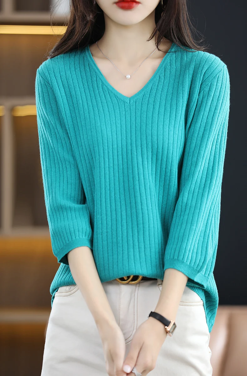 

Summer Women Tops Tees V-Neck Three Quarter Sleeve Hollow Thin T-Shirt Female Pullover Woman Sweaters 100% Cotton Knitted Blouse