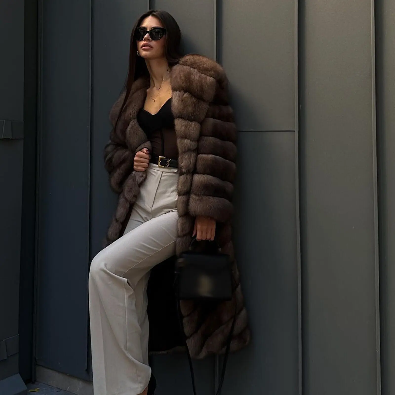 Женская мода собольного цвета пальто из натурального лисьего меха зимняя