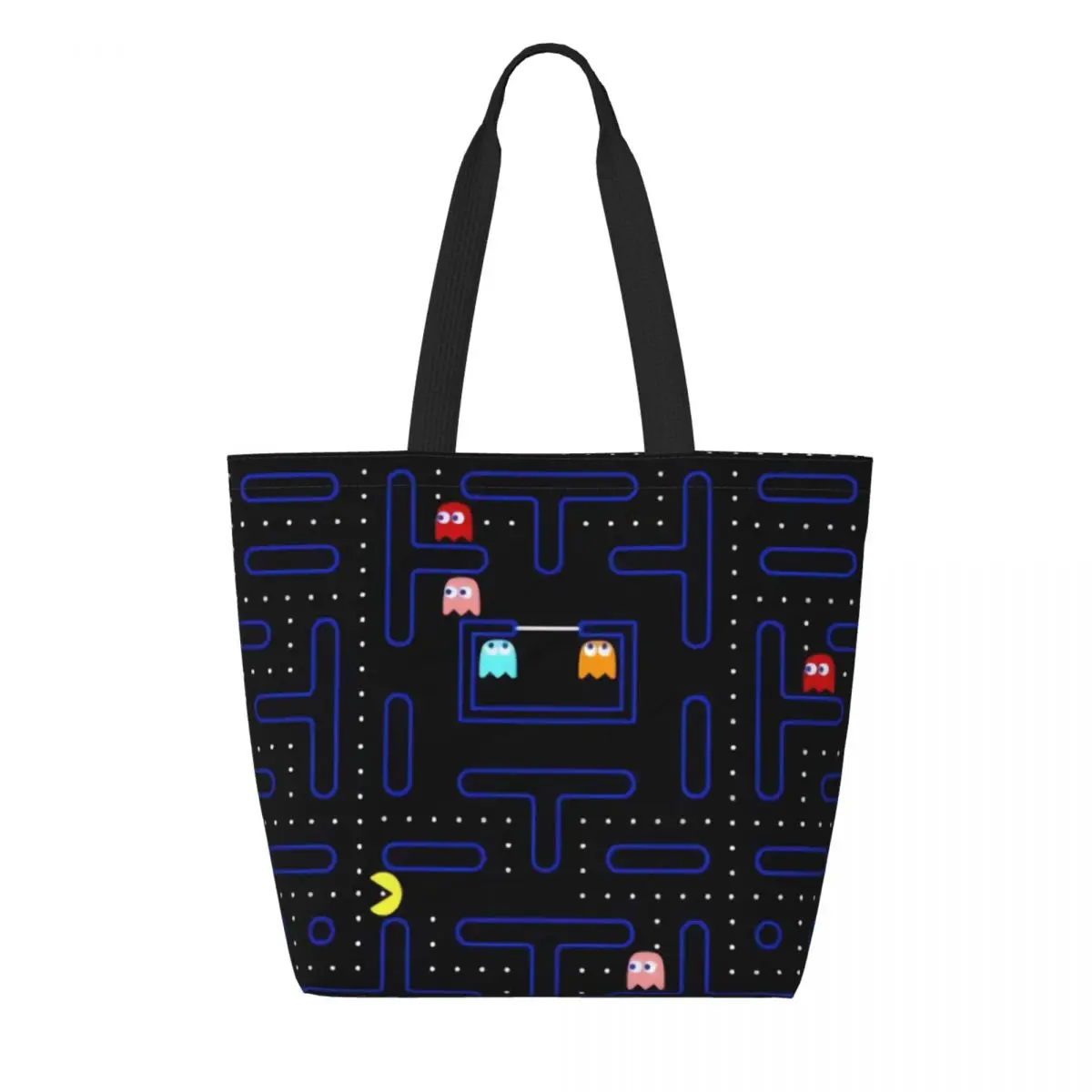 

Recycling Doodle Game PacMan Shopping Bag Women Canvas Shoulder Tote Bag Washable Arcade FC Console Grocery Shopper Bags
