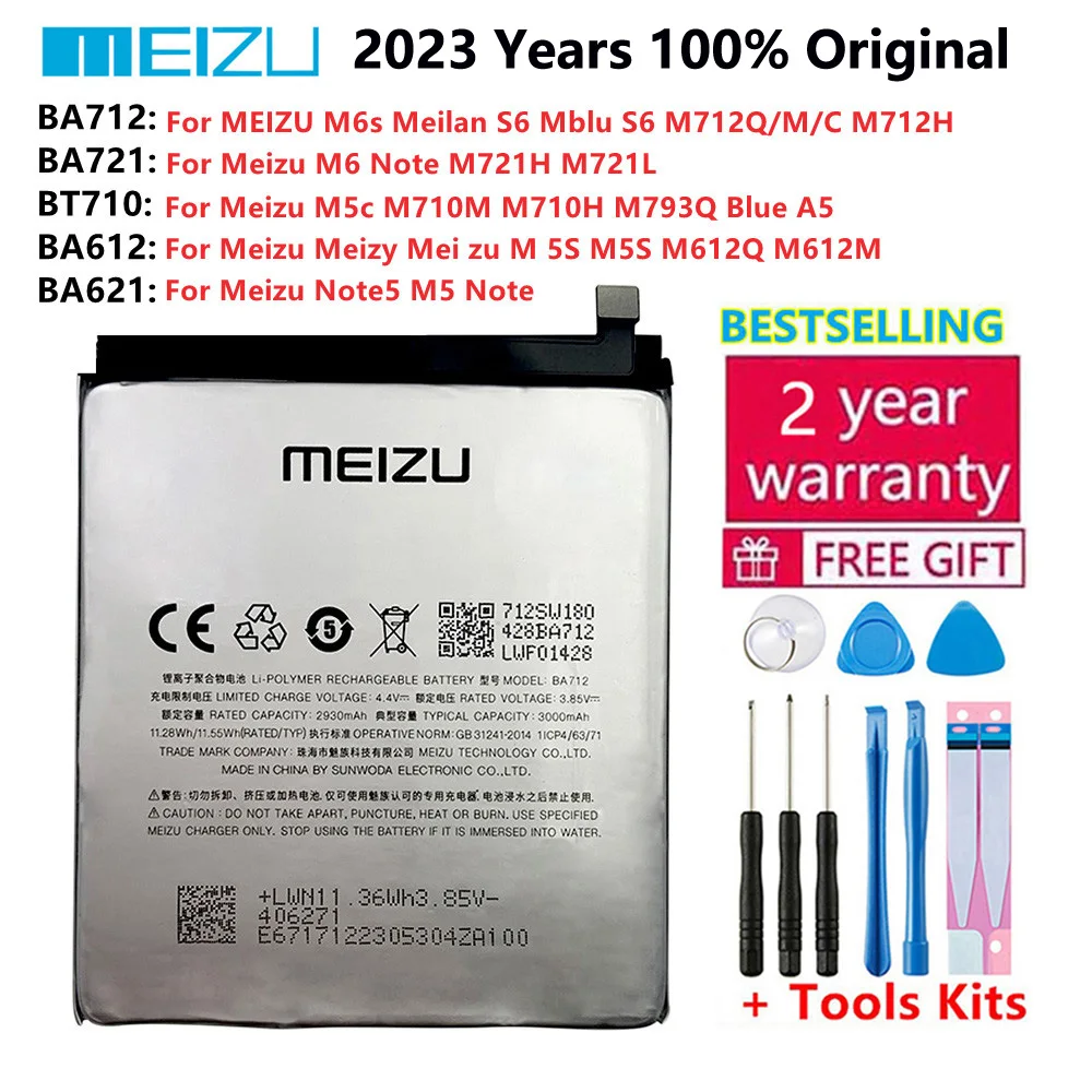 

Meizu Original Battery BA721 BA712 BA612 BA621 BT710 For MEIZU M6 Note M6s Meilan S6 M5S Note5 M5 Note Meizu M5c +Free tools