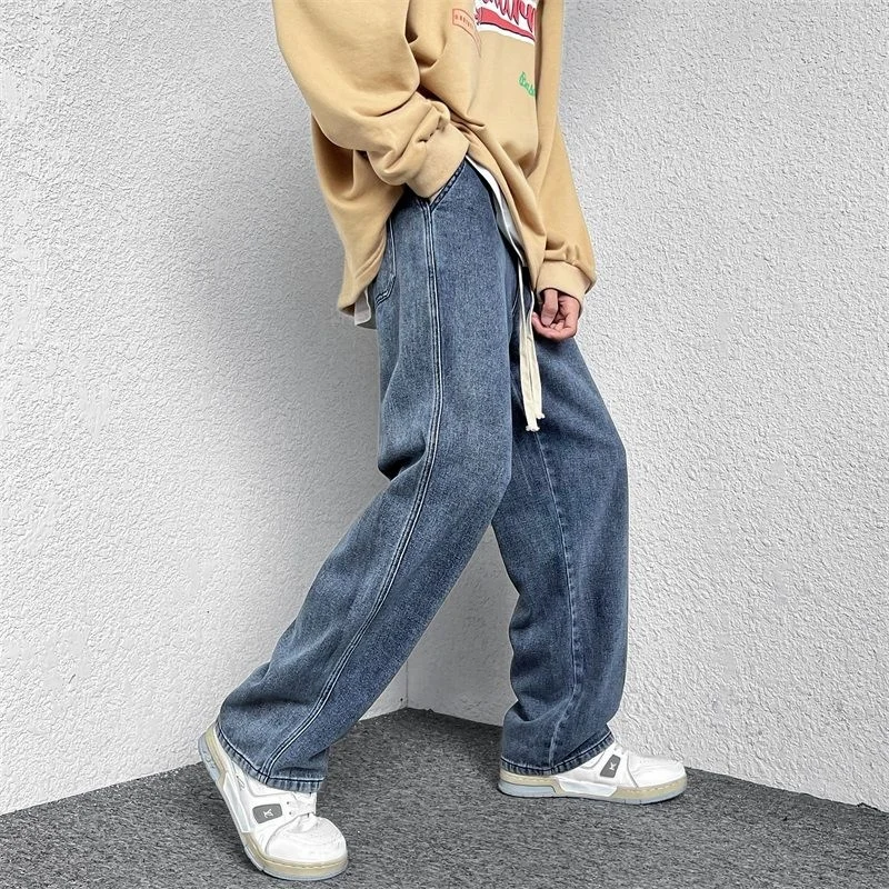Spring/Summer Drawstring Jeans Men Fashion Casual Wide Leg Jeans Men Streetwear Korean Loose Straight Denim Pants Mens Trousers