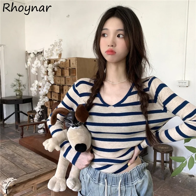 

V-neck Striped Long Sleeve T-shirts Women Autumn Knitted New Design Casual Футболка Женский Slouchy Classic Young Simple Girlish