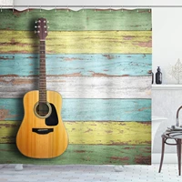 music shower curtain acoustic guitar on colorful painted aged wooden planks rustic country design print cloth fabric
