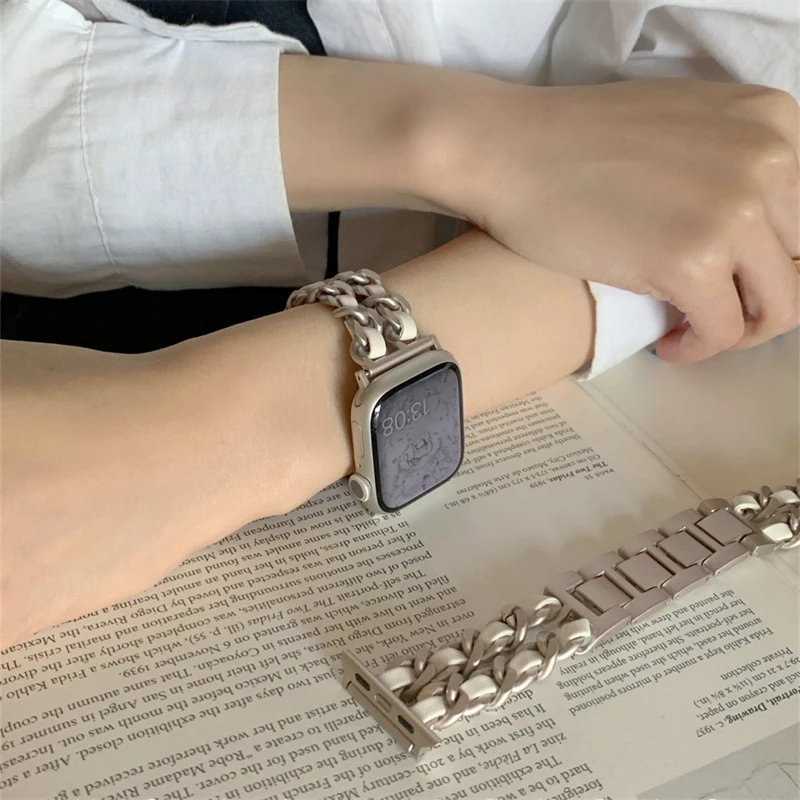 

Starlight Metal Leather Strap For Apple Watch Band Ultra 8 7 SE 6 5 4 3 Girl Bracelet For iWatch 41mm 49 45 38 40 44 Chain Belt