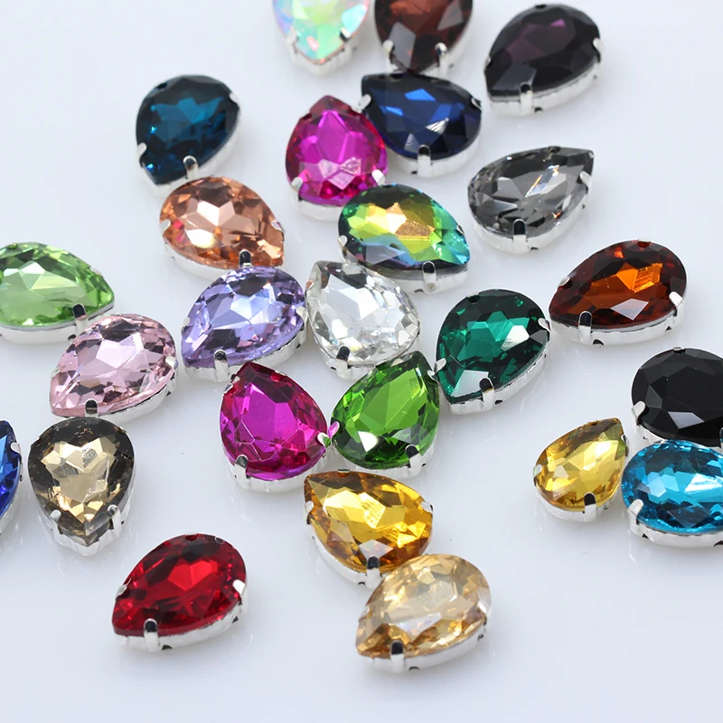 

All-sizes 24-Colors Teardrop glass stones sew on crystal rhinestone diamantes silver claw apparel garment DIY sewing accessories