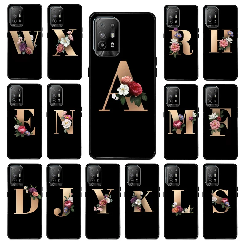 

Custom Alphabet Name Peony Gold Letter Phone Case for OPPO A54 A74 A94 A53 A53S A9 A5 A15 A91 A95 A73 A31 A52 A93 A92