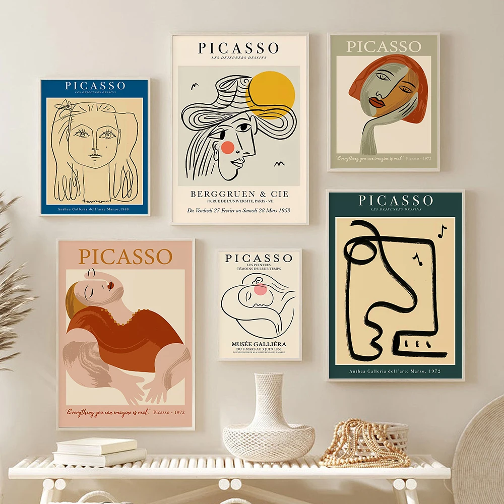 

Retro Picasso Poster Print Abstract Line Face Museum Exhibition Wall Art Canvas Painting Pictures For Living Room Nordic Decor