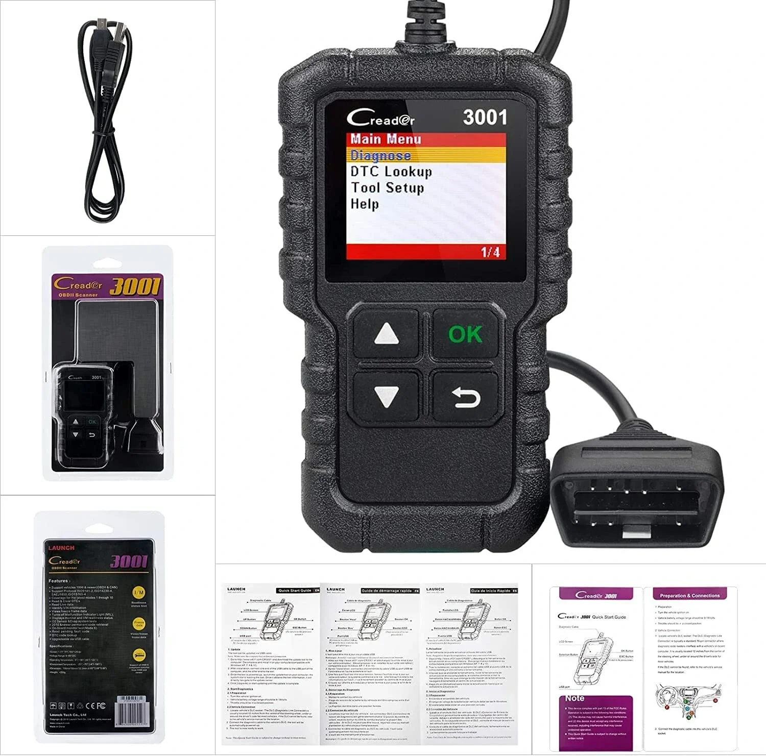 Фото Автосканер LAUNCH CR3001 OBD2, полный диагностический сканер для автомобилей, многоязычный, бесплатное обновление 2024 года. №5