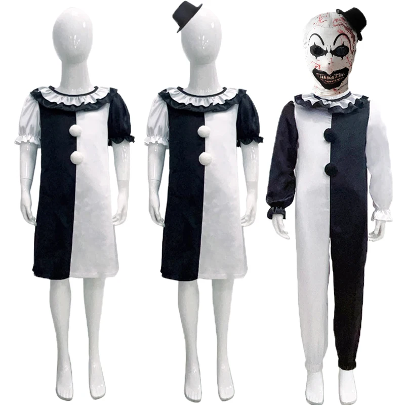 

Movie Terrifier Clown Joker Jumpsuit Cosplay Costume Dress Unisex Kids Children Horror Black White Stripes Bodysuit Halloween