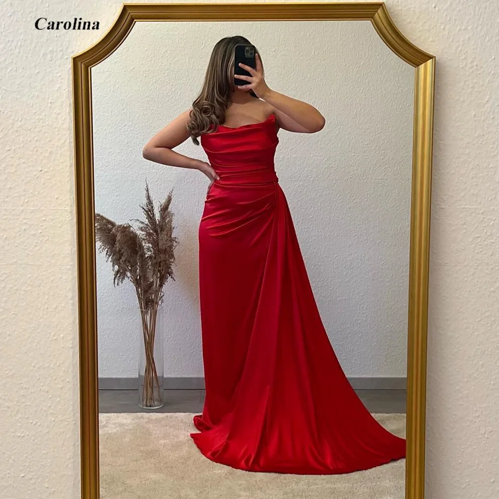 

Off the Shoulder Pleated Sleeveless Prom Gown Mermaid Red Satin Occasion Dress Robe De Soirée Women Ruched Evening Party Dress