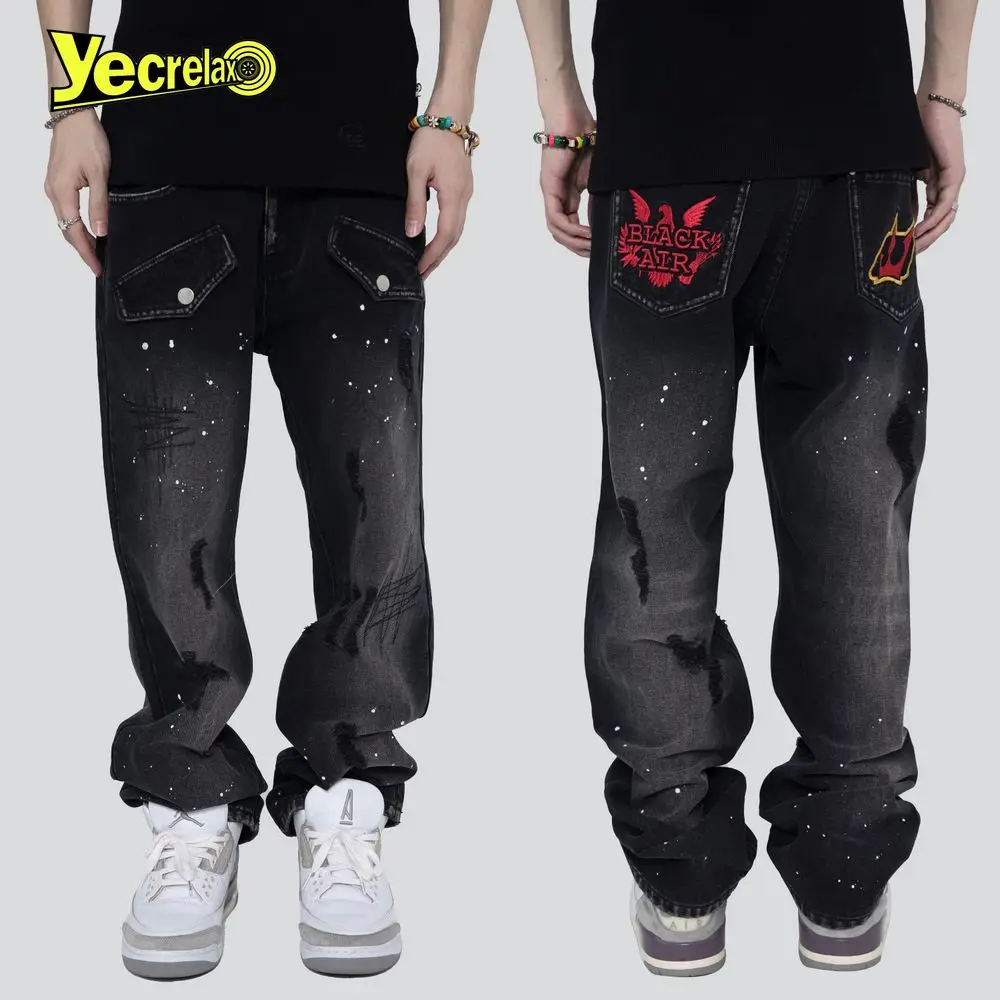 

Джинсы мужские в стиле Харадзюку, уличные прямые винтажные рваные брюки из денима оверсайз с надписью и вышивкой