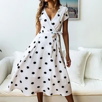 2022 spring and summer vintage white dress women sexy short sleeve v neck open polka dots wrap casual dress female robe vestidos