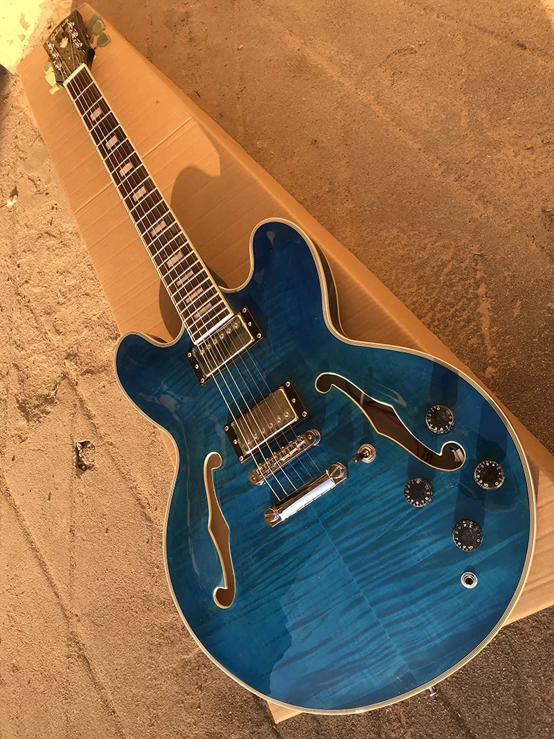 

Custom 335 Semi hollow Double F-hole Blue Jazz Electric Guitar，Double-sided Flame Maple veneers guitar,High quality pickups