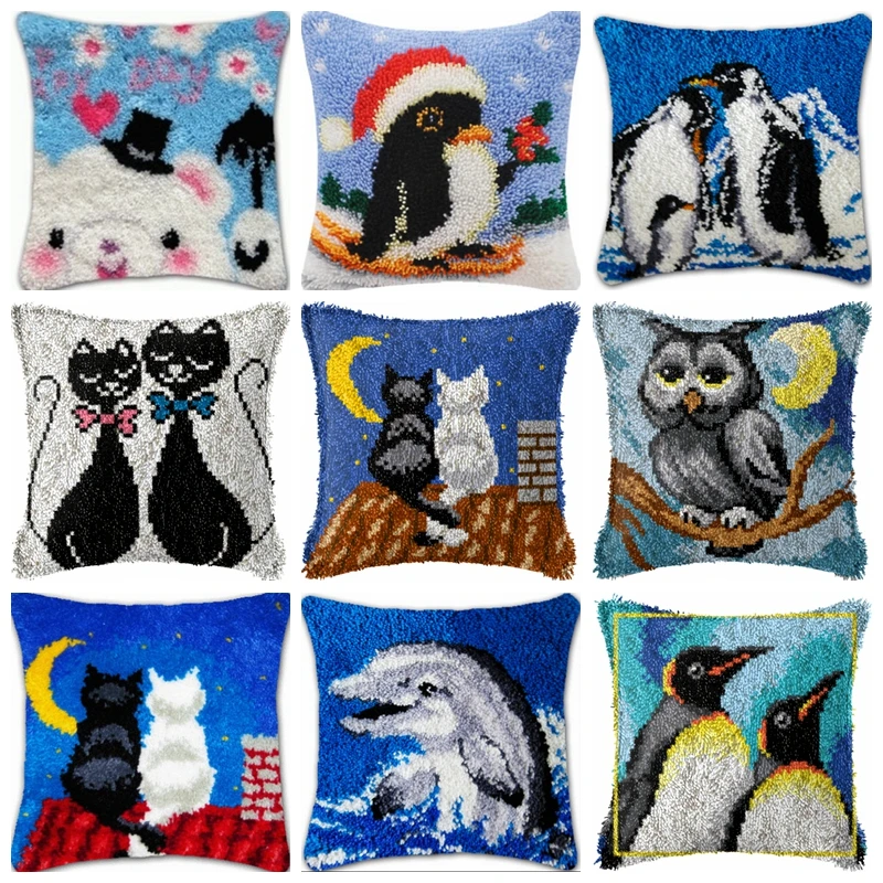 

Owl Cat Penguin Latch Hook Kit Knot Pillow Package Cartoon Animal Penguin Embroidery Latch Hook Kit Cushion Pillowcase Set DIY