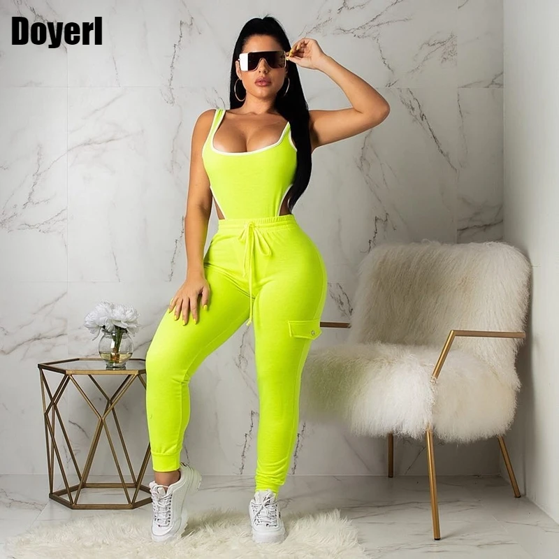

Neon Green Sexy 2 Piece Set Women Pant and Top Bodysuit Summer Matching Two Piece Sets Casual Beach Club Party Outfit for Women